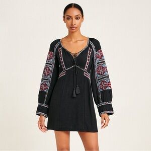 Free People All My Life Embroidery Boho Mini Dress In Black Size Small